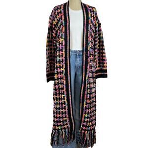 Black Multicolored Full Length Long Fringe Knit Crotchet Cardigan (Sz M)